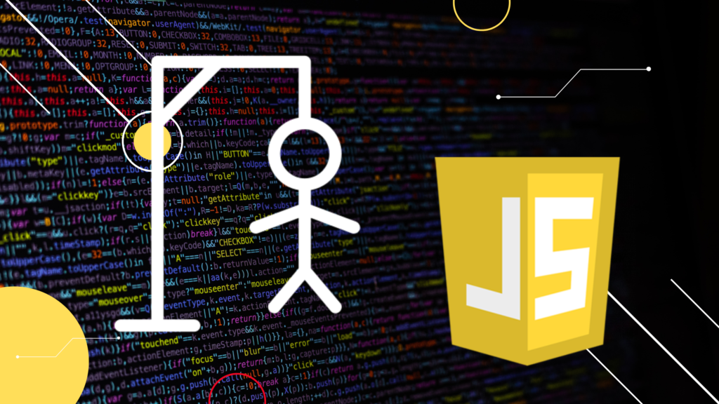 hangman game figure in front of a code with js logo